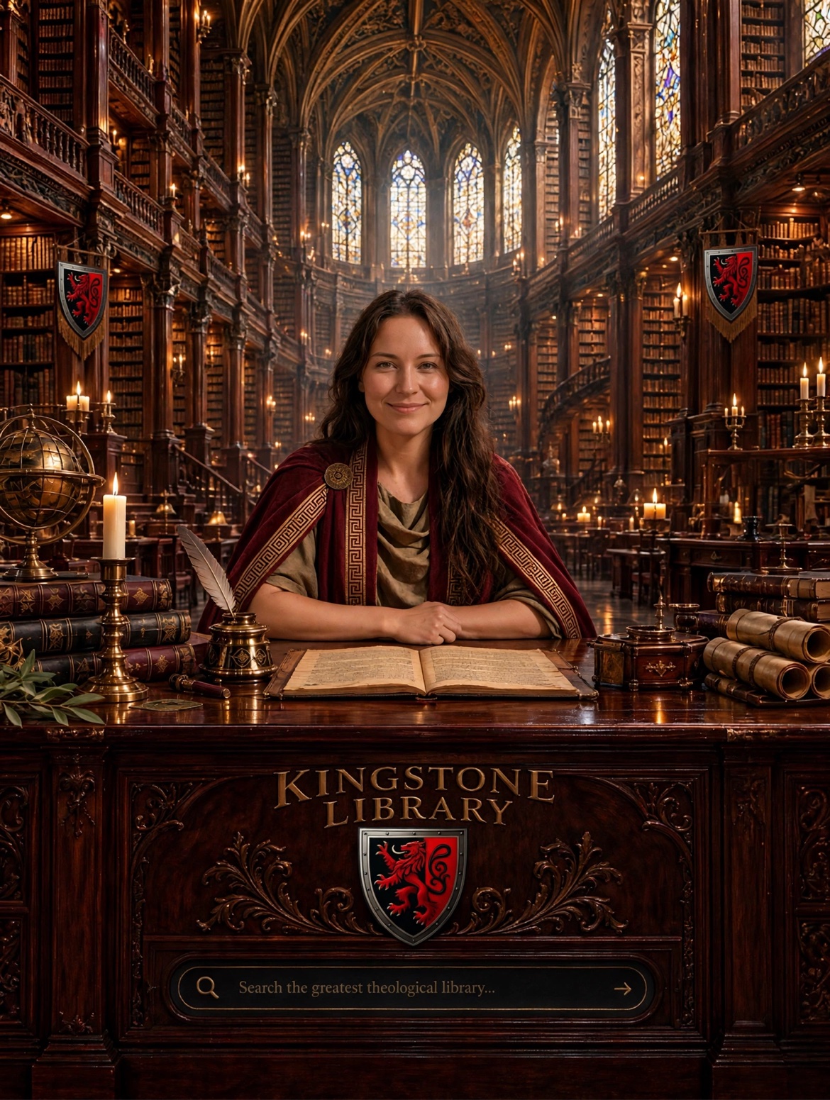 The Kingstone Library: the librarian at her desk in the great hall